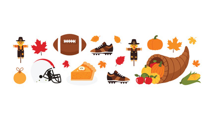 Wide assortment of cheerful Thanksgiving and fall-themed elements, including football gear, pumpkin pie, a cornucopia, scarecrows, and colorful leaves.