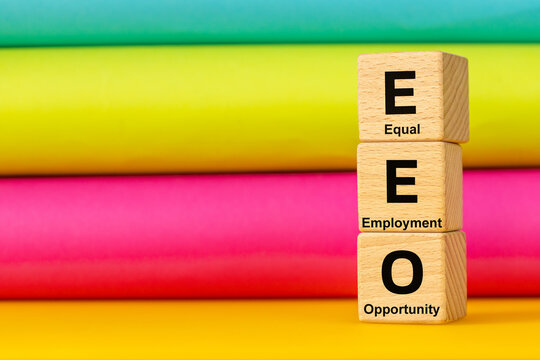 Symbol EEO, Equal Employment Opportunity. Business concept. Fair treatment in employment, no discrimination based on race, gender, religion, or nationality. colorful background. copy space