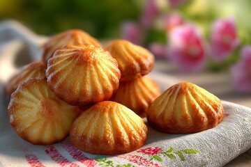 Madeleine tea cakes linen cloth background French countryside picnic setting with soft sunlight photorealistic