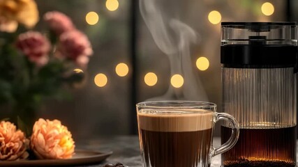 Aromatic dark coffee, gently steaming in a clear glass, alongside a brewing carafe. Fresh beans and delicate flowers enhance the warm, inviting atmosphere with glowing lights.