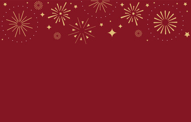 Red background with golden fireworks and stars. Golden fireworks border. 