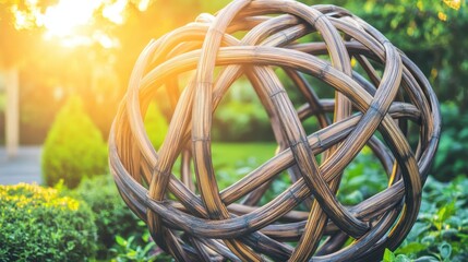 A woven sphere made of natural bamboo elements interlocking in a garden with soft sunlight