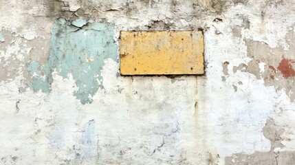 A weathered wall with peeling paint and a faded yellow sign