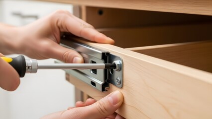 hands of a person assembling wooden furniture drawer with a screwdriver for diy blogs, home improvement websites, carpentry tutorials, furniture design and hardware store promotions