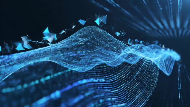 A mesmerizing abstract visualization showcases a dynamic blue waveform composed of countless glowing particles, interspersed with floating geometric shapes against a dark, data-rich background.
