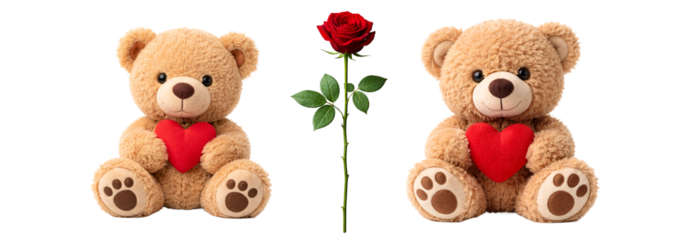 Valentine's Day set. Teddy bears and red rose set on transparent background. Valentine’s Day symbols. Cute romantic gift collection.