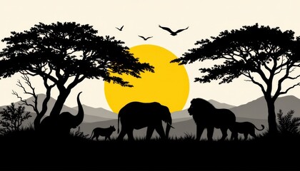 Fototapeta premium Silhouette of African Wildlife Against a Vibrant Sunset with Elephants, Lions, and Birds in Natural Habitat