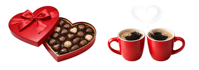 Valentine's Day set. Valentine&rsquo;s Day chocolate and coffee elements set on transparent background. Romantic sweets. Love and cozy mood collection.