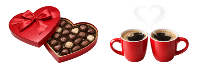Valentine's Day set. Valentine’s Day chocolate and coffee elements set on transparent background. Romantic sweets. Love and cozy mood collection.