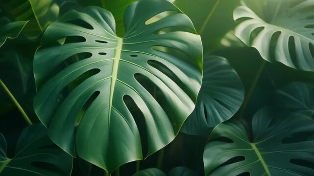 Close Up of Vibrant Green Monstera Leaves in a Lush Tropical Garden