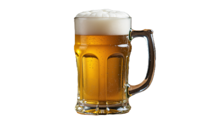 Clear glass mug of beer with frothy foam on top  