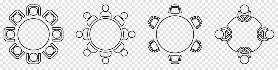 Round table with chairs line icons