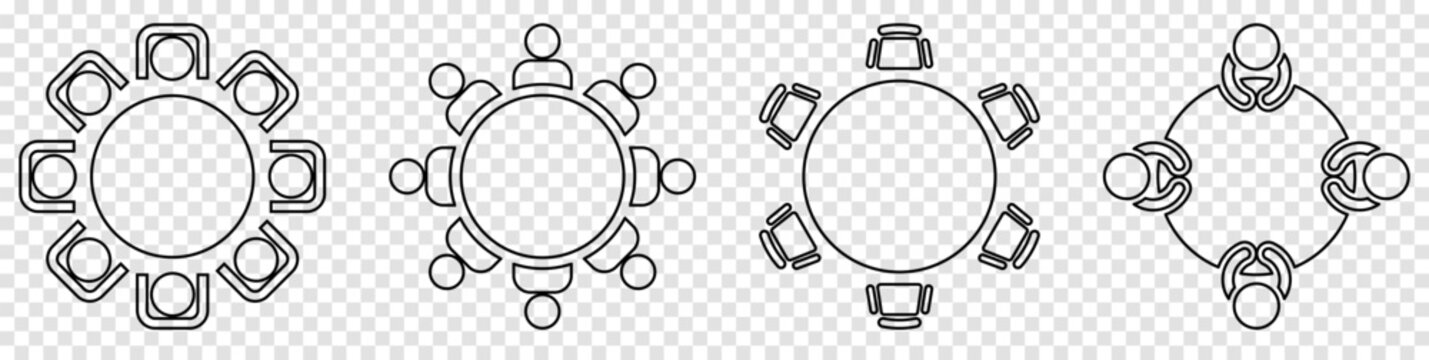 Round table with chairs line icons