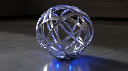 A spherical abstract sculpture formed from intertwined metallic threads with blue illumination and reflections