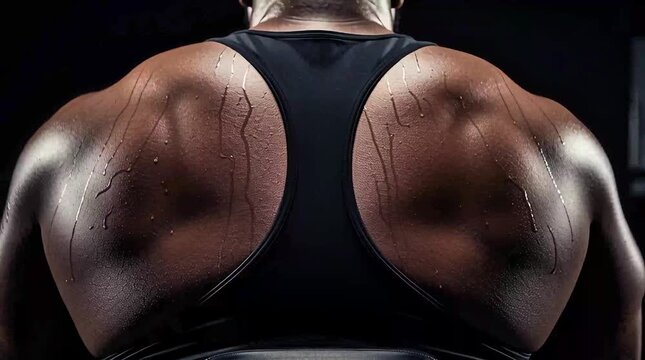 Muscular athlete back view slow motion workout on gym machine 4k cinematic footage