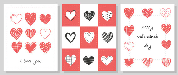A set of three love posters with cute doodle hearts. Love card design. Happy Valentine's day.