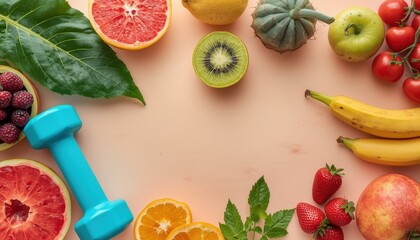 Fruits, Dumbbell, and Leaf on Peach Background