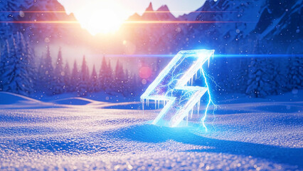 Frozen lightning bolt symbol on snow in winter mountain landscape at sunrise. Cold energy and power concept. Charging and electric vehicle technology.