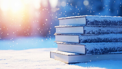 Stack of books covered with snow and falling snowflakes on white ground. Cozy winter reading concept for holiday season. Literary scene.