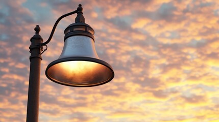 A vintage outdoor lamp fixture glows warmly against a dramatic sunset sky filled with clouds