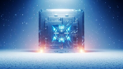 Futuristic bank vault protected by digital security system in winter snowfall. Secure data storage concept for blockchain technology.