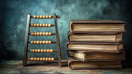 A vintage wooden abacus with polished beads sits beside a stack of antique books on a rustic wooden surface against a textured wall