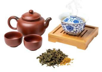 tea set with brown clay teapot, blue porcelain gaiwan, and wooden stand