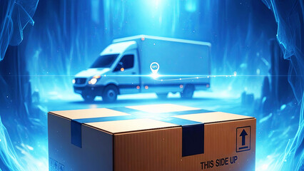Delivery truck virtual tracking with a package in front illustrates intelligent logistics and global shipping for digital smart transportation.