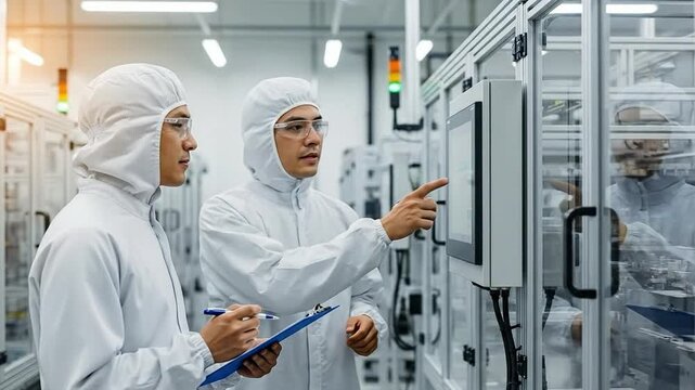 Two Asian Male Engineers in Protective Gear Analyzing Data in Clean Room Environment