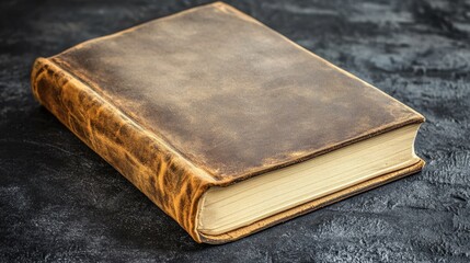 Obraz premium A weathered leather bound journal with aged pages rests open on a dark textured surface