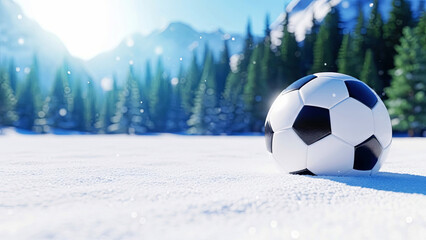 Soccer ball on white snow with winter forest and mountains in background. Outdoor football in cold weather concept for sport banner.