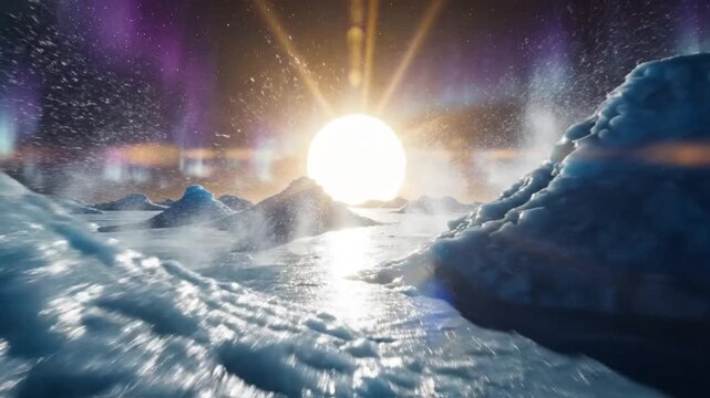 Arctic Vista: A celestial dance unfolds as the sun casts a brilliant glow over a pristine Arctic landscape, painting the icy terrain with ethereal light, showcasing nature's sublime beauty.