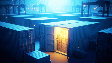 Open shipping container with glow inside filled with boxes. Modern logistics and global freight transportation. Cargo warehouse concept.
