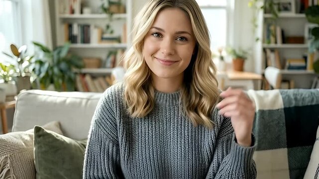 Smiling Young Woman Relaxing on Couch in Cozy Home Setting