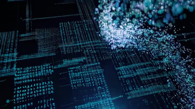 Digital particles exploding from a grid of data matrices in a dark technological environment viewed from above