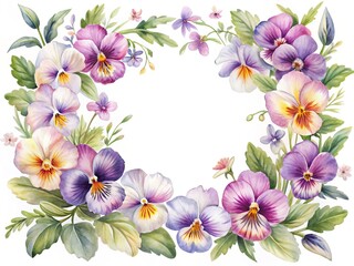 Fototapeta premium Watercolor Floral Wreath with Pansies and Leaves, Elegant Botanical Illustration