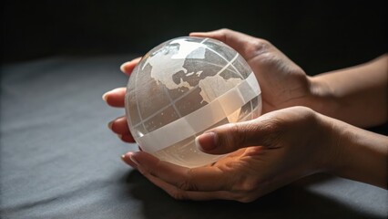 A person holds a crystal globe, emphasizing global awareness or connectivity, against a dark background.