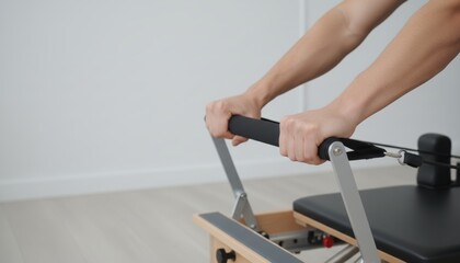 Fototapeta premium Close-up of a person’s hands gripping the handle of a reformer in a modern Pilates studio.
