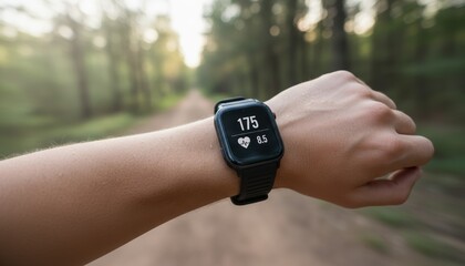 Fitness smartwatch displays heart rate while a hand is raised in a forest setting, showcasing outdoor exercise metrics.