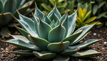 Fototapeta premium Agave plant growing in garden with green leaves and sharp tips 
