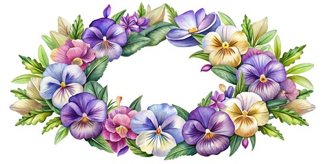 Floral Watercolor Wreath of Pansies and Leaves with Delicate Pastel Colors