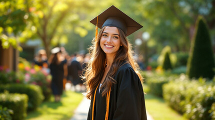 Joyful college graduate smiling on campus garden during sunny graduation day