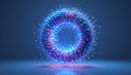 A vibrant blue and purple circular light installation in a dark room