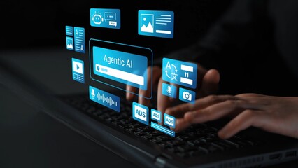 Hands Typing on Keyboard with Futuristic Digital Interface and Artificial Intelligence Graphics Displayed on Black Background Gluon.