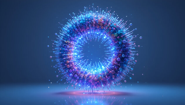 A vibrant blue and purple circular light installation in a dark room - Powered by Adobe