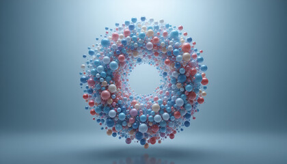 A colorful 3D rendering of a donut shape made of small spheres