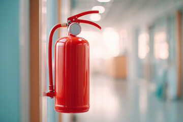 Red fire extinguisher hanging on a wall