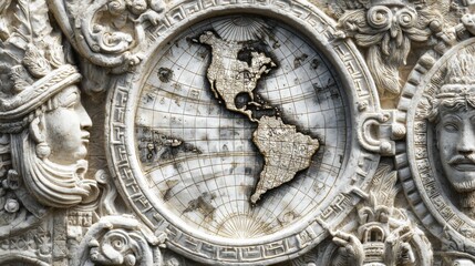 Obraz premium Ancient map carved into stone shows the Americas, with figures and designs surrounding the geographical layout in a historical setting.