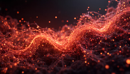 A vibrant red glowing network of lights and particles in space