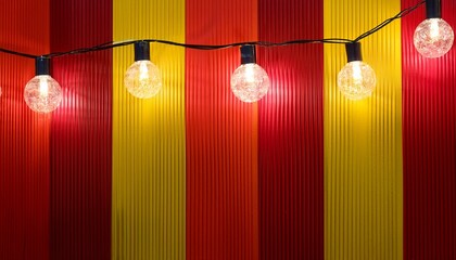 vibrant string lights hanging on a colorful wall with red and yellow stripes